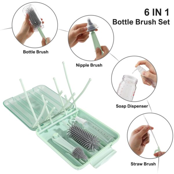 Bottle Brush Set -Baby Travel Essential-6 in 1 Bottle Cleaner Kit with Silicone Bottle Brush,Nipple Cleaner Brush,Straw Brush,Soap Dispenser,Storage Box,Bottle Drying Rack for Home and Travel(Green) - Image 3