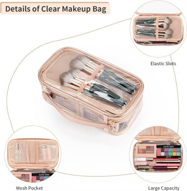 OCHEAL Clear Makeup Bag, Portable Makeup Storage Organizer Cosmetic Bag, Travel Makeup Bag Cute Clear Pouch For Women and Girls Cosmetics Bags with Divider Makeup Brush Compartment-Rose Gold - Image 3