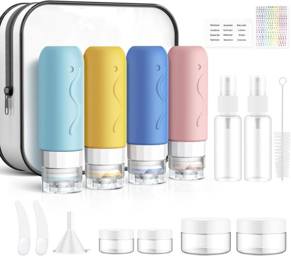 14PCS Travel Bottle Set for Toiletries, Travel Size Silicone Bottles & Spray Bottles, TSA Approved Leakproof Refillable Cosmetic Containers kits for Shampoo, Body Wash, Hand Lotion, Facial Cleanser