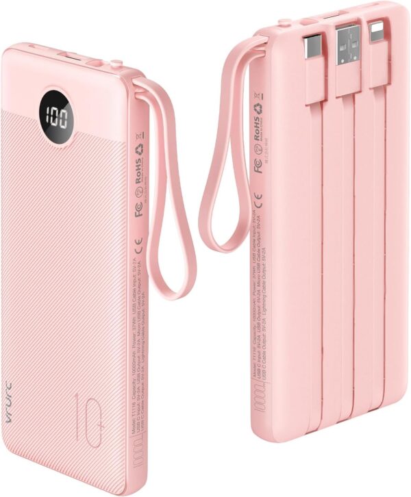 VRURC Portable Charger 10000mAh, Slim LED Display Power Bank, 5 Output 2 Input Cell Phone Battery Pack, Built-in Micro & USB C Cables Phone Charger Compatible with iPhone,Samsung,Android-Pink(1 Pack)