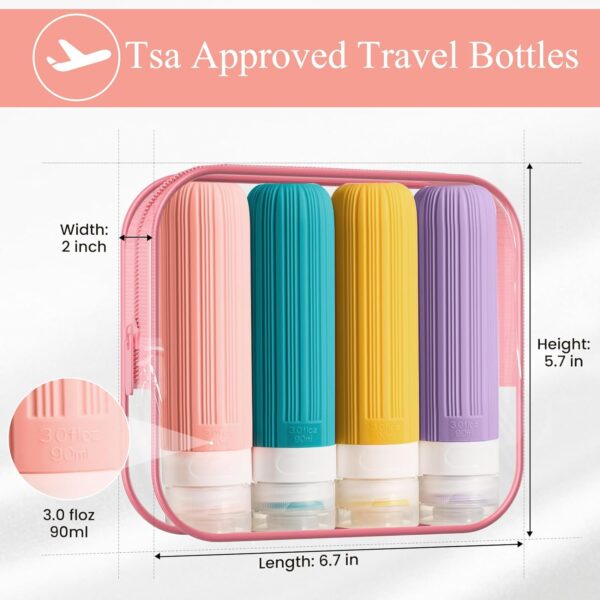 Travel Bottles for Toiletries, TSA Approved 3oz Leak Proof Travel size Bottles, BPA Free Silicone Refillable Liquid Squeezable Containers with Toiletry Bag(4 Pack)-Pink - Image 5