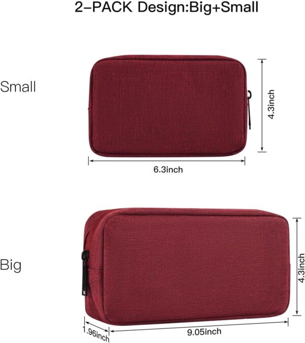 Universal Electronics Accessories Case Bag, 2-Pack Portable Soft Carrying Case Bag Pouch Wire Cable Organizer for Hard Drive, Power Adapter, Laptop Mouse, Cosmetics Kit, Small+Big-Wine Red - Image 2