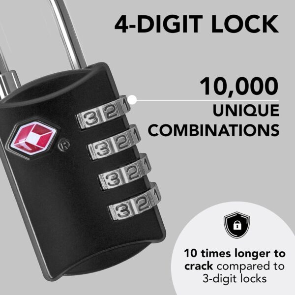 TSA Luggage Locks (2 Pack) - 4 Digit Combination Steel Padlocks - Approved Travel Lock for Suitcases & Baggage - TSA Lock - Black - Image 2