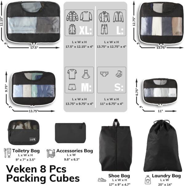 Veken 8 Set Packing Cubes for Suitcases, Travel Essentials for Carry on, Luggage Organizer Bags Set for Travel Accessories in 4 Sizes (Extra Large, Large, Medium, Small), Black - Image 2