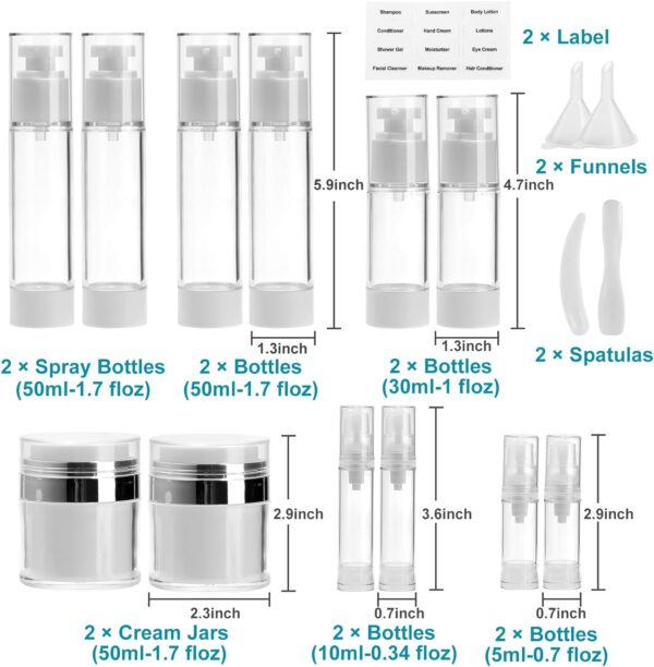 18 Pack Bubimon Airless Pump Jars, 1.7/1/0.7/0.34oz Cosmetic Containers, Leak Proof Refillable jar for Toiletries, Cream Lotion, Eye Cream, Liquid, Foundation, Shampoo (BPA Free) - Image 2