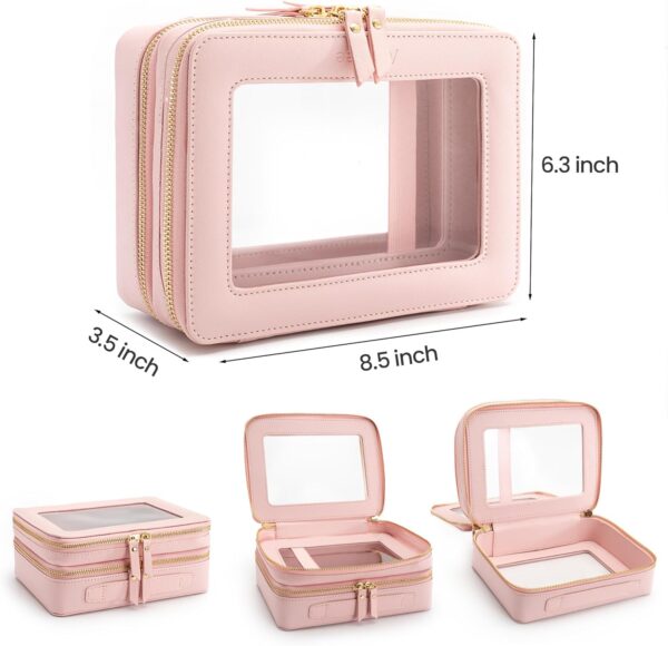 Large Clear Makeup Bags, Double Layer Cosmetic Bags with Separate Brush Compartment, Travel Toiletry Bag Cosmetic Train Case, Travel Accessories Organizer for Women(2 Layers, Pink) - Image 2