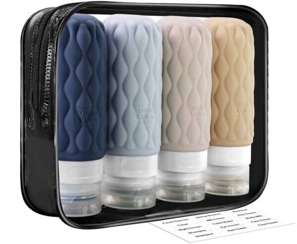 3.4oz 4 Pack Travel Bottles for Toiletries, Tsa Approved Portable Silicone Travel Bottles, Leak Proof Squeezable Travel Size Containers, Travel Accessories with Clear Zipper Toiletry Bag