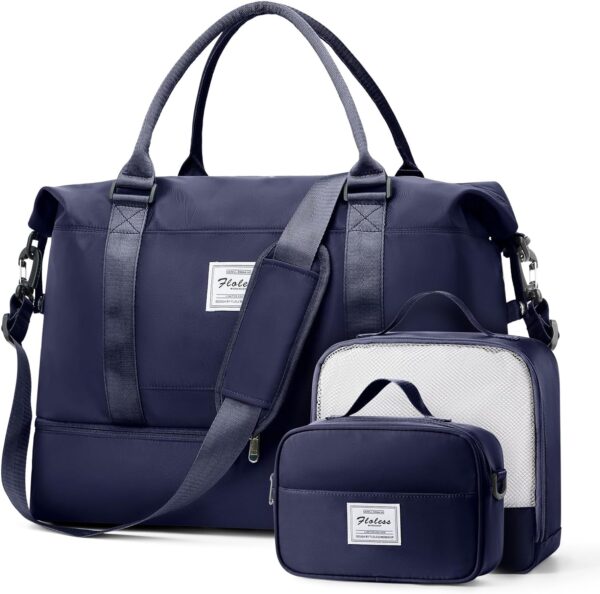 Weekender Bags for Women, Travel Duffel Bags with Shoe Compartment & Wet Pocket,Travel Bag for Airlines,Carry on Overnight Tote Bag for women with Toiletry Bag,3Pcs Set，Navy Blue