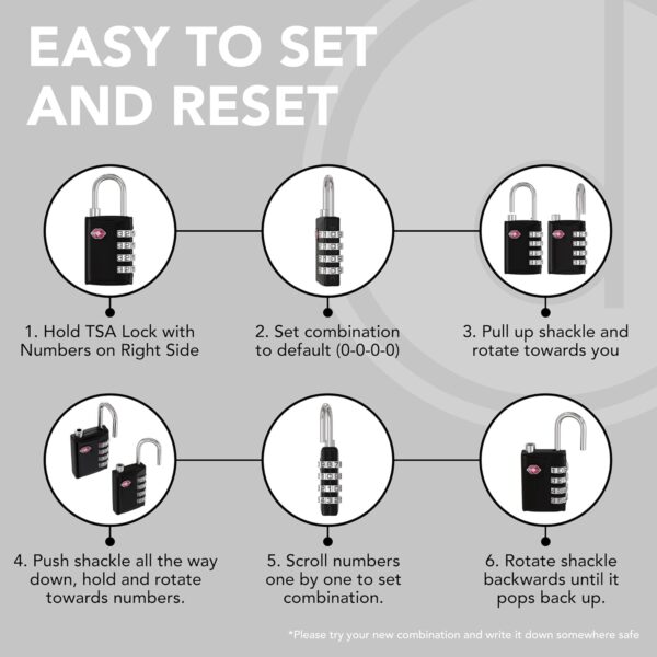 TSA Luggage Locks (2 Pack) - 4 Digit Combination Steel Padlocks - Approved Travel Lock for Suitcases & Baggage - TSA Lock - Black - Image 7