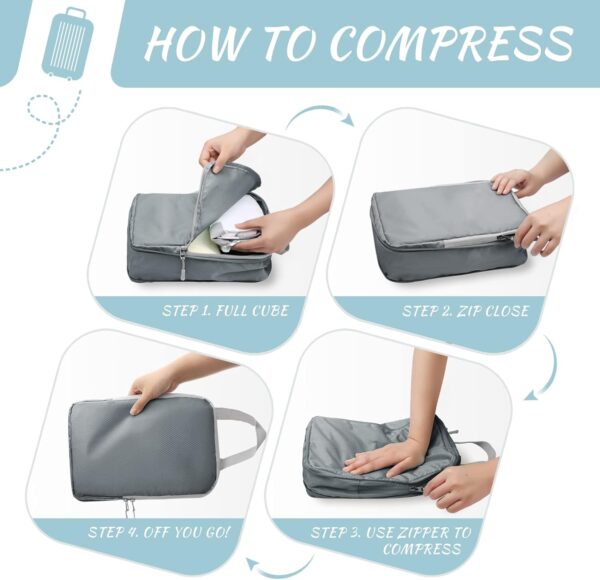 WOOMADA Compression Packing Cubes for Suitcases Travel Essentials 4 Set Expandable Travel Bags Organizer for Luggage(grey) - Image 5