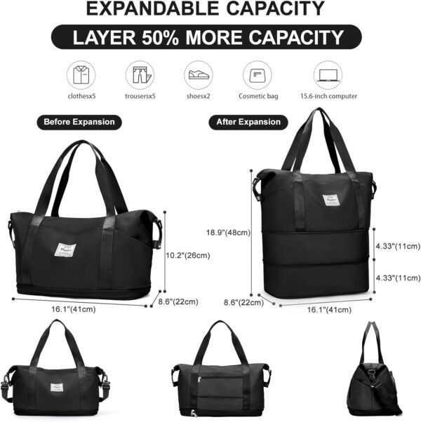 Expandable Travel Duffle Bag for Women Men, Large Gym Bag Travel Tote Bags, Waterproof Carry On Personal Item Bag Airline Approved, Workout Weekender Bag for Overnight Trips with Luggage Sleeve, Black - Image 4