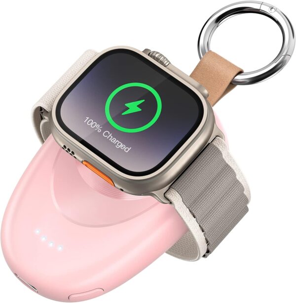 for Apple Watch Charger, Portable iWatch Charger Wireless Magnetic 1400mAh Power Bank Keychain Accessories Travel Car Charger for Apple Watch Series 9/8/7/6/5/4/3/2/SE/Ultra/Ultra 2 (Pink)