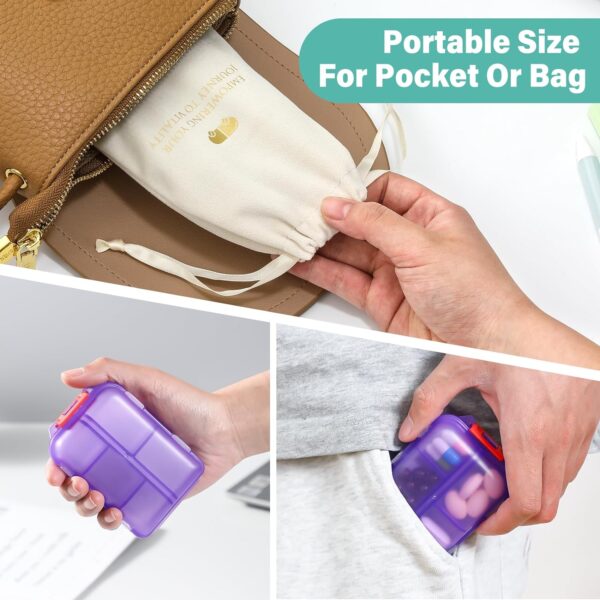 1 Pack Travel Handy Pill Organizer/Holder Box w Labels & 1 Drawstring Pouch, Small 10 Compartments Pocket Pharmacy Portable Medicine Container Case - Daily Weekly Medication Organizer - Purple - Image 5