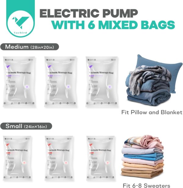 VMSTR 6 Combo Travel Vacuum Storage Bags with Powerful Electric Pump, Space Saver Bags for Clothes and Clothing, Vacuum Compression Bags for Blankets Pillow - Image 2