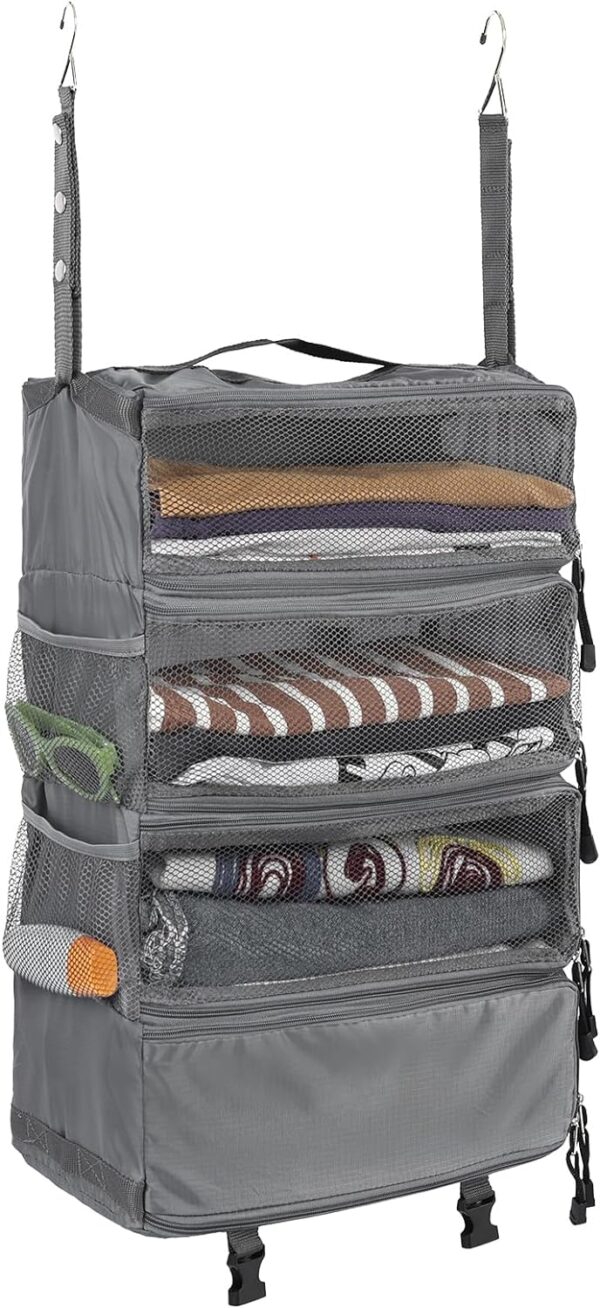 Surblue Travel Hanging Luggage Organizer Portable Suitcase Closet Organizer Multiple Compartments Collapsible Compression Packing Cubes Shelf, LightGray, M