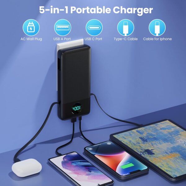 Portable Charger 33800mAh USB C Power Bank with Built-in Cables & AC Wall Plug,25W Fast Charging+QC 4.0 Phone Charger,4 Output LCD Display Battery Pack Compatible with iPhone15/14,Samsung,Android etc - Image 3