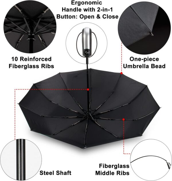 TradMall Travel Umbrella Windproof with 46/56 Inches Large Canopy 10 Reinforced Fiberglass Ribs Ergonomic Handle Auto Open & Close - Image 4