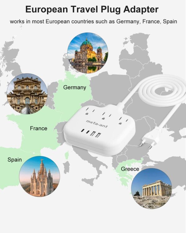 European Travel Plug Adapter, US to European Plug Adapter with 3 American Outlets & 4 USB, 5ft European Power Cord, International Travel Power Strip, Type C for Europe EU Germany France, Travel, White - Image 2