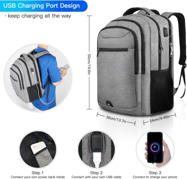 Travel Backpack for Men, Large Laptop Backpacks, TSA Flight Approved Computer Backpack, Z-MGKISS Anti-Theft Daypack with USB Port, 17 Inch Weekender Bag Hiking Gym College Backpack for Men Women, Grey - Image 4