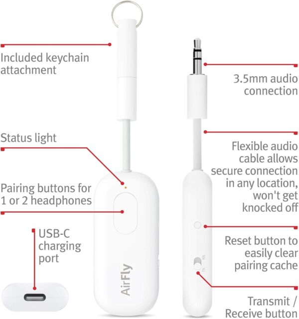 Twelve South AirFly Pro Bluetooth Wireless Audio Transmitter/ Receiver for up to 2 AirPods /Wireless Headphones; Use with any 3.5 mm Jack on Airplanes, Gym Equipment, TVs, iPad/Tablets and Auto - Image 4