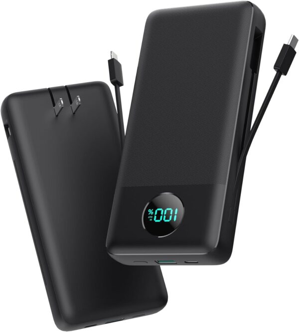 Portable Charger 33800mAh USB C Power Bank with Built-in Cables & AC Wall Plug,25W Fast Charging+QC 4.0 Phone Charger,4 Output LCD Display Battery Pack Compatible with iPhone15/14,Samsung,Android etc