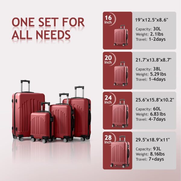 Karl home Luggage Set of 4 Hardside Suitcase Sets with TSA Lock 4 Spinner Wheels, ABS Lightweight Trolley Travel Case for Carry On Check-in Business Trip, Red (16/20/24/28) - Image 6