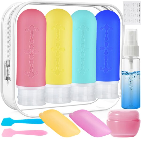 Travel Size Toiletries Bottles Kit-3oz TSA Approved Leak Proof Containers for Shampoo, Conditioner | Squeezable Silicone Tubes with Toiletry Bag-Travel Essentials Accessories Women Must Haves Colorful