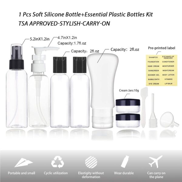 Empty Plastic Travel Bottles Containers for Toiletries, TSA Approved Travel Size Toiletries Bottles Kit for Liquids Shampoo Conditioner Lotion, Carry-On Set for Women/Men - Image 3