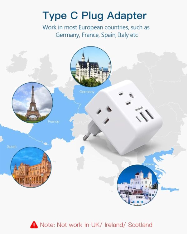 2 Pack European Travel Plug Adapter, International Power Plug Adapter with 3 Outlets 3 USB Charging Ports(1 USB C), Type C Plug Adapter Travel Essentials to Most Europe EU Spain Italy France Germany - Image 7