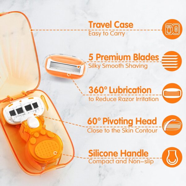 Travel Razors for Women Include 1 Handle and 5 Cartridges, Portable 5-Blade Mini Razor with Travel Case, The Best Travel Size Toiletries for Women, Orange - Image 4