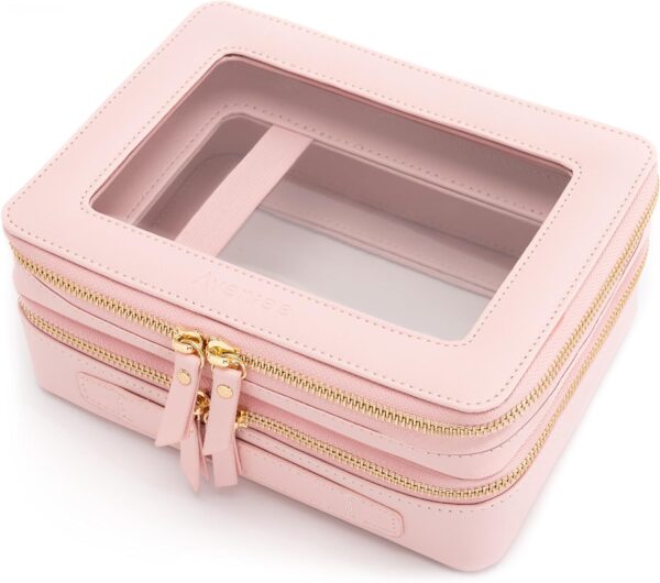 Large Clear Makeup Bags, Double Layer Cosmetic Bags with Separate Brush Compartment, Travel Toiletry Bag Cosmetic Train Case, Travel Accessories Organizer for Women(2 Layers, Pink)