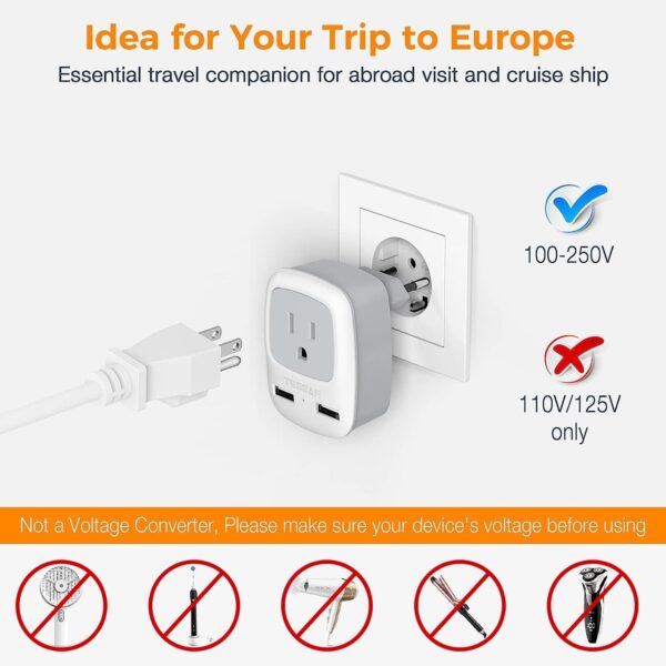 European Travel Plug Adapter, TESSAN International Power Plug with 2 USB Ports, Type C Outlet Adaptor Charger for US to Most of Europe EU Iceland Spain Italy France Germany - Image 5