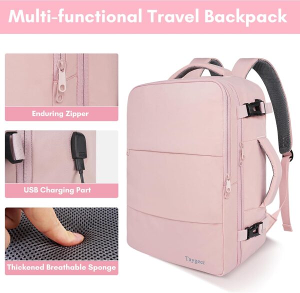 Taygeer Travel Backpack for Women, Carry On Backpack with USB Charging Port & Shoe Pouch, TSA 15.6inch Laptop Backpack Flight Approved, Nurse Bag Casual Daypack for Weekender Business Hiking, Pink - Image 7