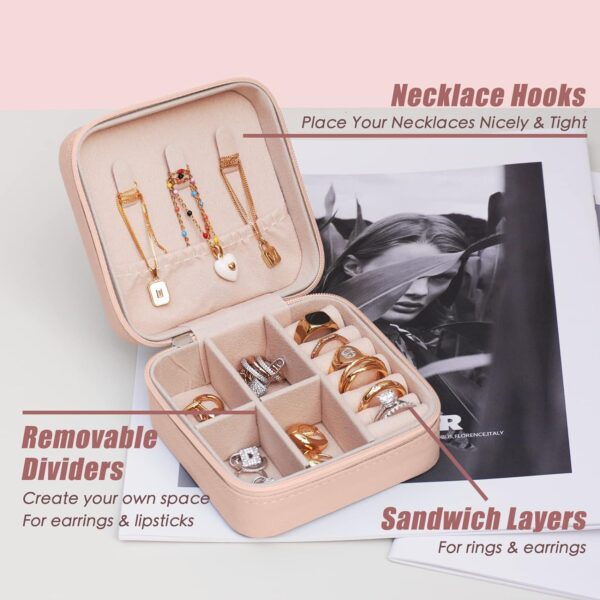 BeBeGee Exquisite Travel Jewelry Case, Portable Mini Jewelry Travel Organizer, Small Jewelry Box for Women, Bridesmaid Gift and Travel Essential to Store Ring, Necklace, Earring(1pc pink peach) - Image 3