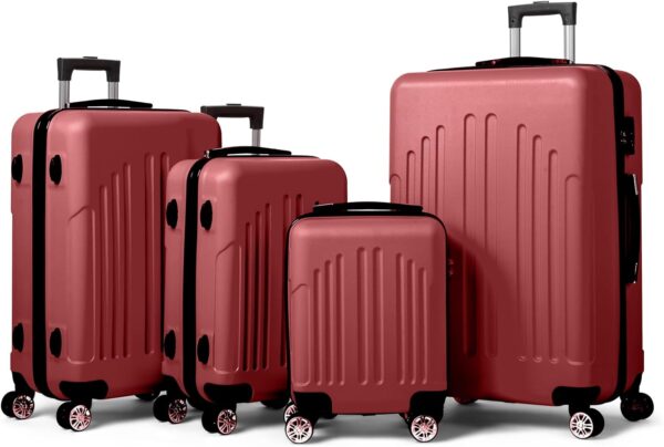 Karl home Luggage Set of 4 Hardside Suitcase Sets with TSA Lock 4 Spinner Wheels, ABS Lightweight Trolley Travel Case for Carry On Check-in Business Trip, Red (16/20/24/28)