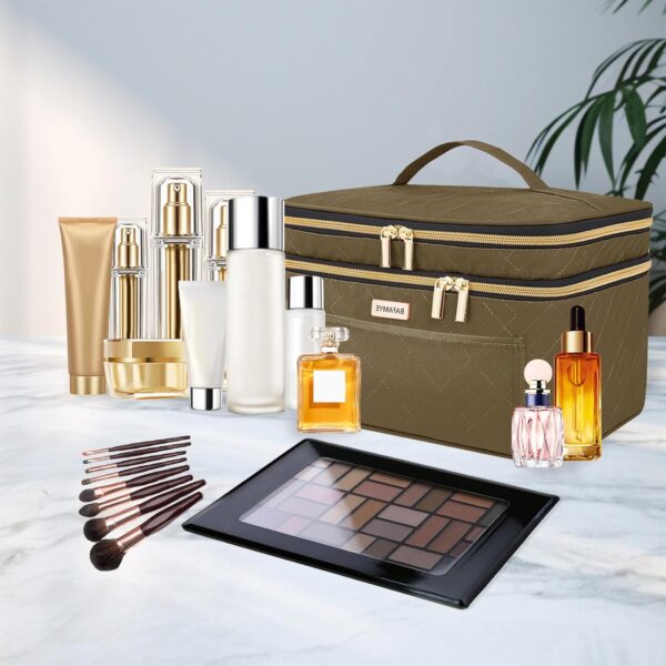 Double Layer Travel Makeup Bag Women, Large Cosmetic Case, Organizer for Travel-Size Accessories Bottles, Brushes, and Skin Care Products (Brown, Double-Layer) - Image 3