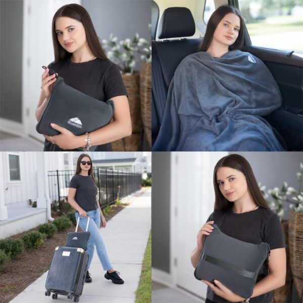 BlueHills Premium Soft Travel Blanket Pillow Airplane Flight Blanket throw in Soft Bag Pillowcase Compact Pack Large Blanket for Travel Grey Color (Gray T007) - Image 2