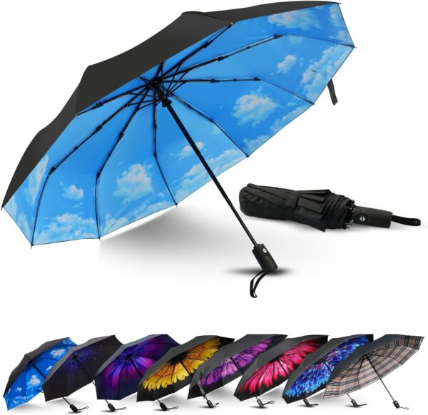 LLanxiry Umbrella Windproof Travel Umbrellas for Rain Black Folding Umbrellas 10 RIBS Automatic Strong Portable Wind Resistant Backpack Umbrella for Men and Women