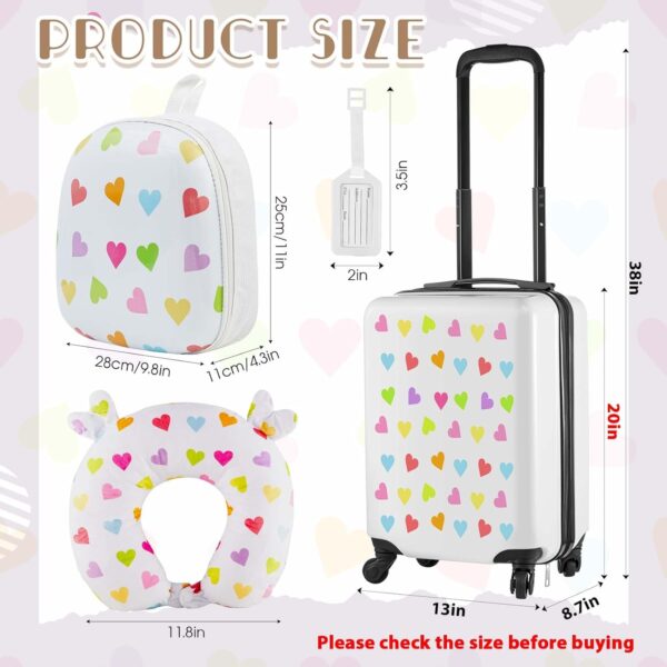 Sanwuta 4 Pieces Heart Luggage for Girls 20 Inch Kids Rolling Luggage White Travel Rolling Suitcase with Wheels Kids Luggage Set with Backpack Neck Pillow Name Tag (Heart Style, 20 Inch) - Image 2