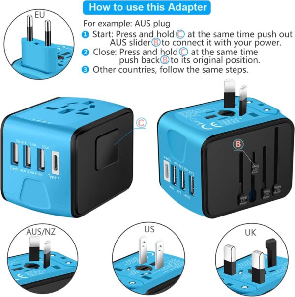 Travel Adapter Worldwide, Universal International Power Plug Adapter W/2.4A 3xUSB-A and 3.0A Type-C Wall Charger, European Travel Plug Adapter for Europe UK EU US CA AU Italy Asia-Blue - Image 4