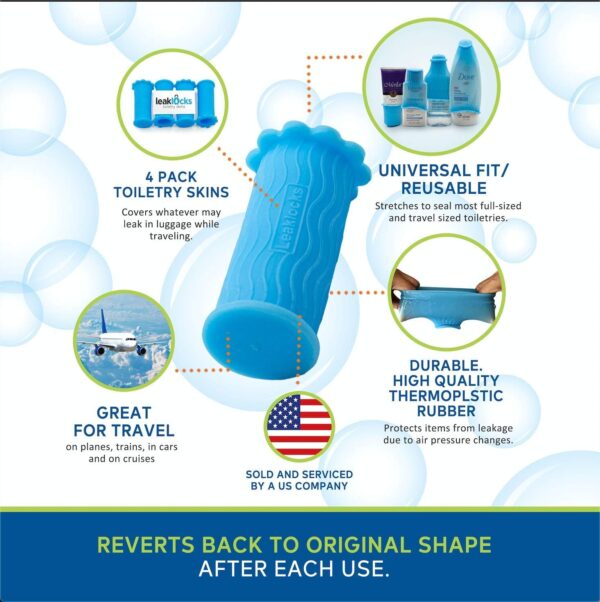 LeakLocks® Toiletry Skins™ Elastic Sleeve for Leak Proofing Travel Container in Luggage. For Standard and Travel Sized Toiletries. Reusable Accessory for Travel Bag Suitcase and Carry-on Luggage - Image 5