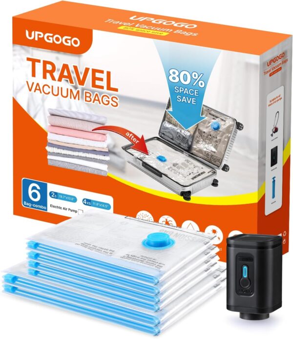 UPGOGO Travel Vacuum Bags with Prtable Electric Pump (Combo 6 Pack),Vacuum Seal Bags for Clothing,Space Saver Vacuum Storage Bags,Vacuum Travel Bags for Luggage,Travel Essentials