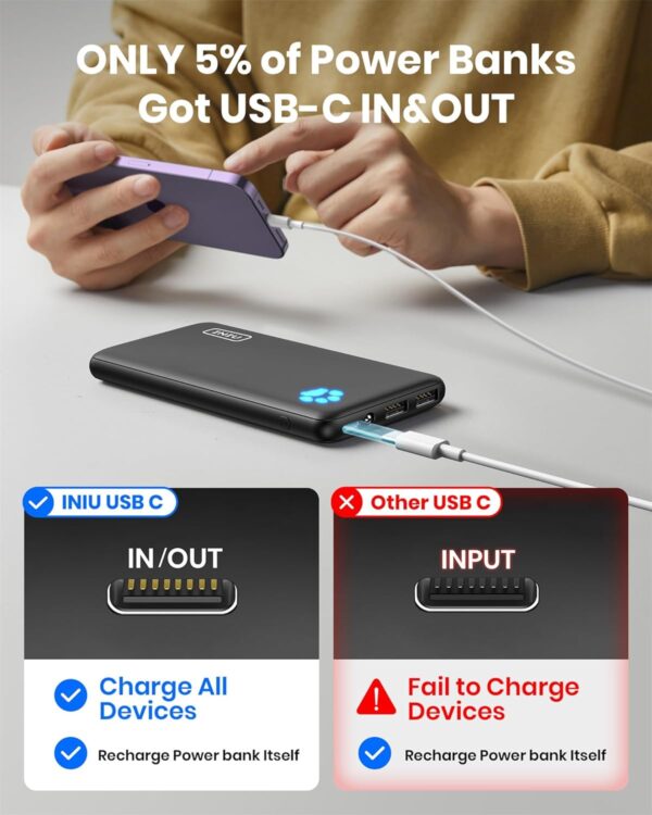 INIU Portable Charger, Slimmest 10000mAh 5V/3A Power Bank, USB C in&Out High-Speed Charging Battery Pack, External Phone Powerbank Compatible with iPhone 15 14 13 12 X Samsung S22 S21 Google iPad etc - Image 5