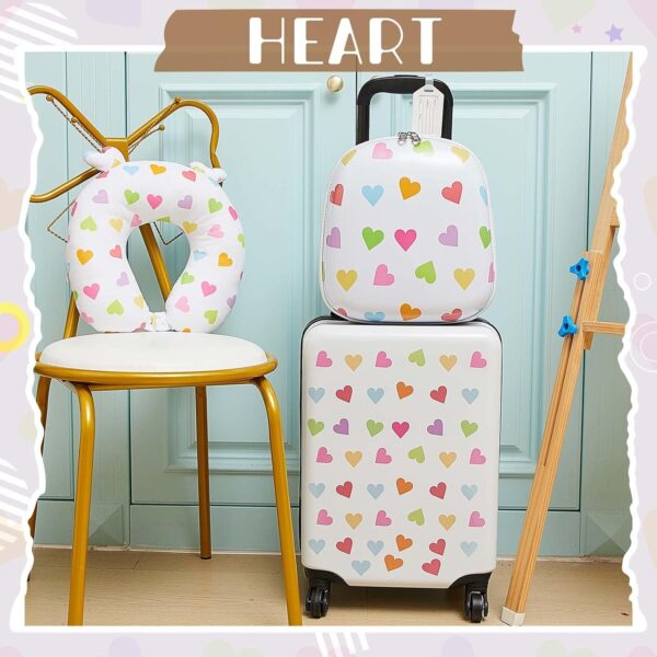 Sanwuta 4 Pieces Heart Luggage for Girls 20 Inch Kids Rolling Luggage White Travel Rolling Suitcase with Wheels Kids Luggage Set with Backpack Neck Pillow Name Tag (Heart Style, 20 Inch) - Image 7