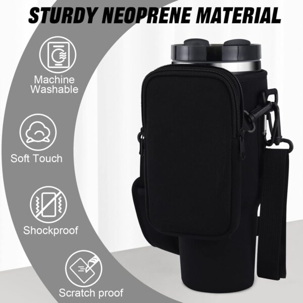 Water Bottle Tumbler Carrier Bag with Phone Pocket for Stanley, 40oz Tumbler Holder Simple with Adjustable Strap Modern Neoprene for Quencher Cup Accessories Travel, Black - Image 3