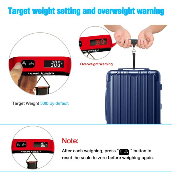 travel inspira Luggage Scale, Portable Digital Hanging Baggage Scale for Travel, Suitcase Weight Scale with Rubber Paint, 110 Pounds, Battery Included - Red with Overweight Alert Functions - Image 2