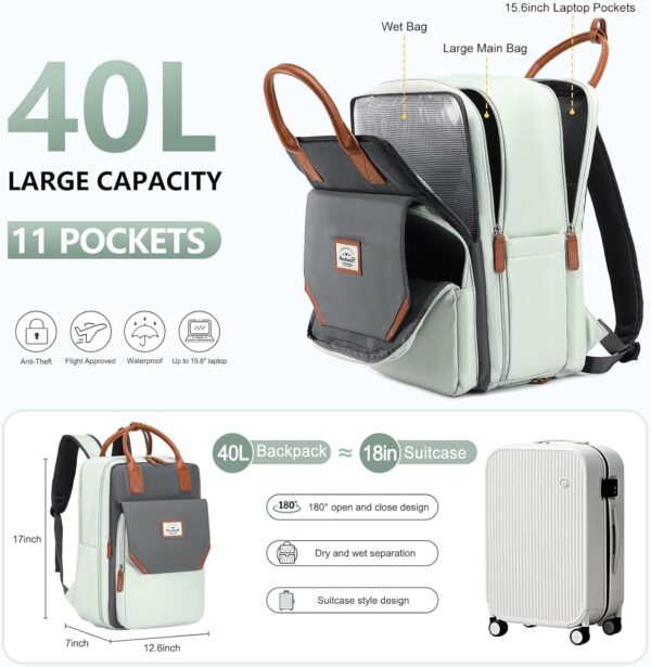 Large Travel Laptop Backpack for Women, 40L Carry On Backpack Flight Approved, Backpack with Laptop Compartment, USB Charging Port, Shoes Compartment, Luggage Backpack for Weekend Traveler Women Man - Image 2