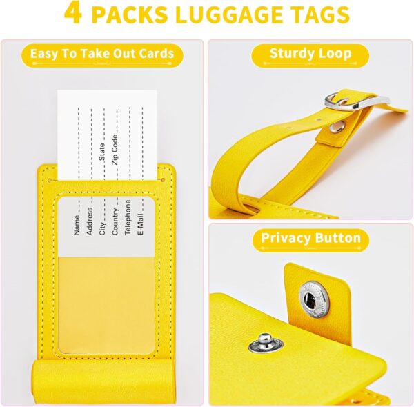 JARLINK 4 Pack Luggage Tag, Leather Luggage Tags Include Name Cards with Privacy Covers, Travel Tags for Luggage, Suitcases, Travel Bags, Cruise Ships Yellow - Image 3