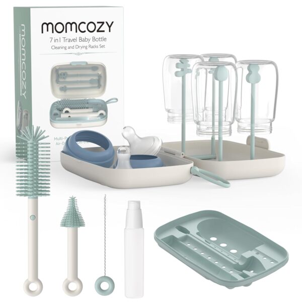 Momcozy Portable Bottle Brush Set - Baby Bottle Cleaner Kit with Silicone Brush, Nipple Brush, Straw Brush, Soap Dispenser, Drying Rack - 6 in 1 Bottle Cleaning Tool for Home and Travel