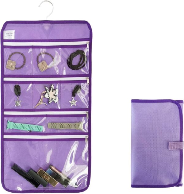 Travel Foldable Jewelry Rolls Bag Hanging Jewelry Organizer with 9 Zippered Clear Pockets Storage Pouch with Rotatable Hanger (PURPLE)